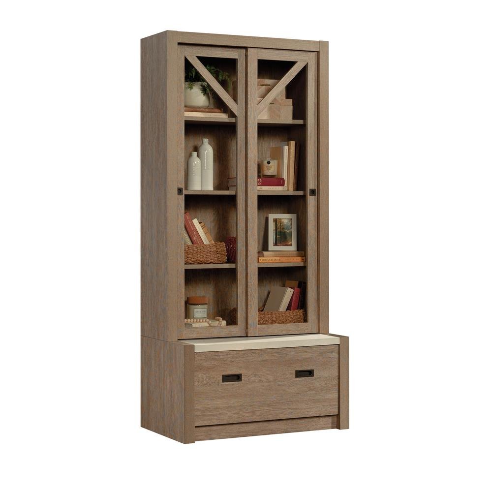 Dixon City 4-Shelf Bookcase with Doors in Brushed Oak - Ethereal Company