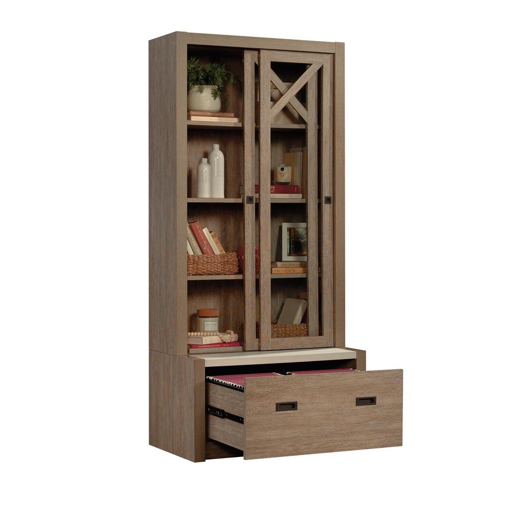 Dixon City 4-Shelf Bookcase with Doors in Brushed Oak - Ethereal Company