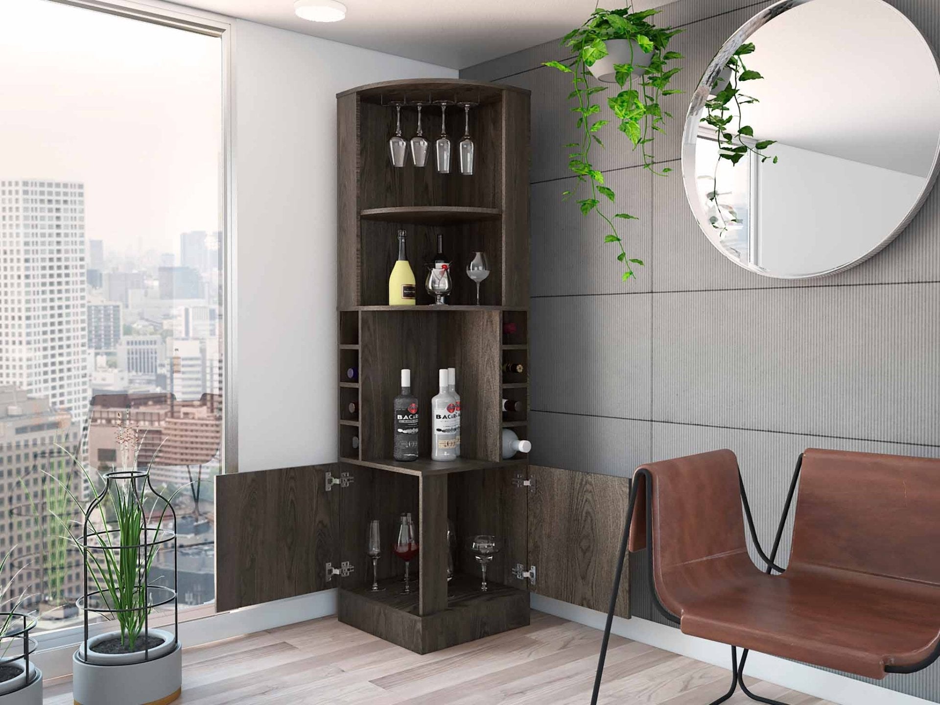 Egina Corner Bar Cabinet, Two External Shelves - Ethereal Company