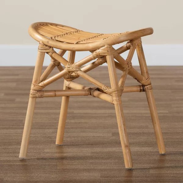 Elgon Modern Bohemian Natural Brown Rattan Footstool | bali &amp; pari - Ethereal Company