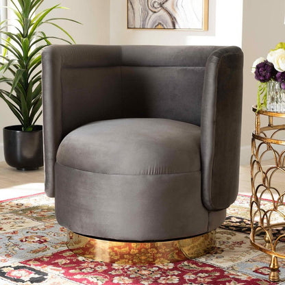 Glam and Luxe Grey Velvet Fabric Upholstered Gold Finished Swivel Accent Chair - Ethereal Company