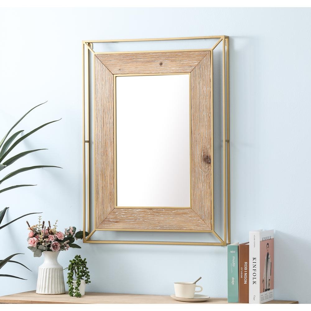 Gold Metal and Natural Wood Rectangular Frame Accent Wall Mirror - Ethereal Company
