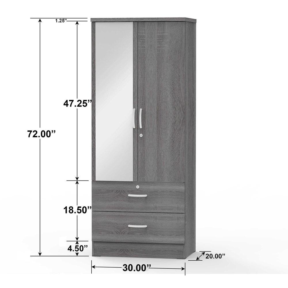 Grace Armoire Wardrobe with Mirror &amp; Drawers in Gray - Ethereal Company