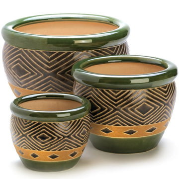 Green Ceramic Diamond Pattern Planter Set - Ethereal Company