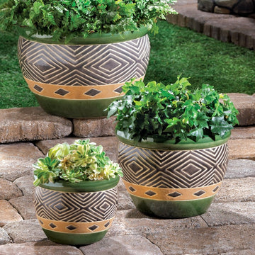 Green Ceramic Diamond Pattern Planter Set - Ethereal Company