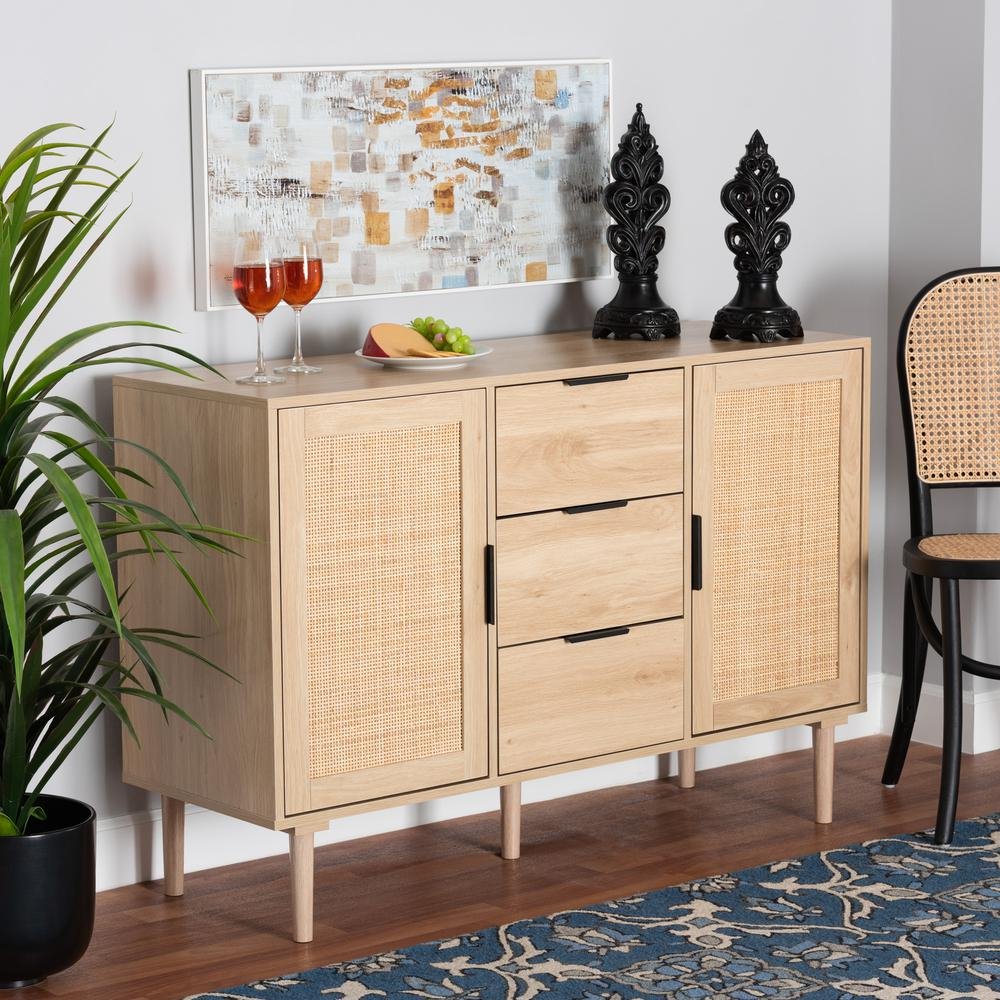 Harrison Natural Brown Finished Wood and Natural Rattan 3-Drawer Sideboard - Ethereal Company