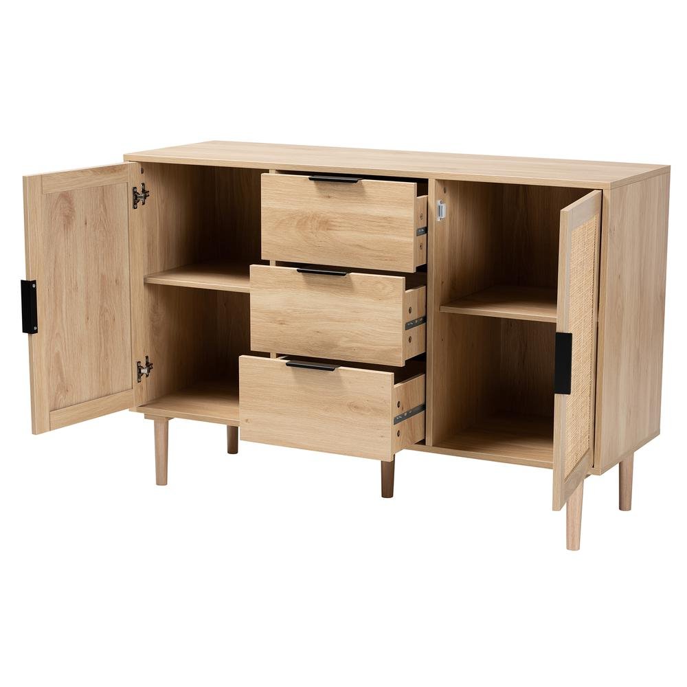 Harrison Natural Brown Finished Wood and Natural Rattan 3-Drawer Sideboard - Ethereal Company