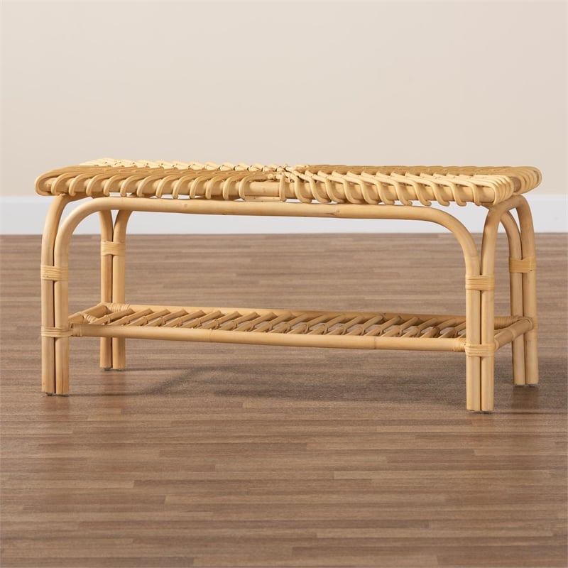 Himari Modern Bohemian Natural Brown Rattan Accent Bench by Bali &amp; Pari - Ethereal Company