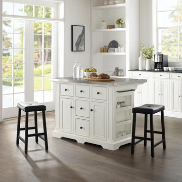 Julia Stainless Steel Top - White Island W/Black Saddle Stools - Ethereal Company