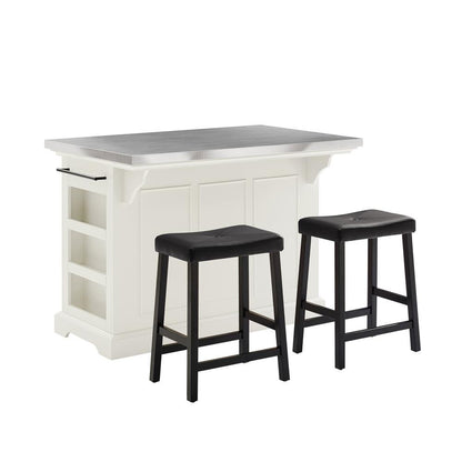 Julia Stainless Steel Top - White Island W/Black Saddle Stools - Ethereal Company