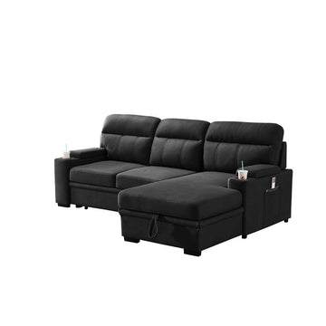 Kaden Gray Fabric Sleeper Sectional Sofa Chaise with Storage Arms and Cupholder - Ethereal Company