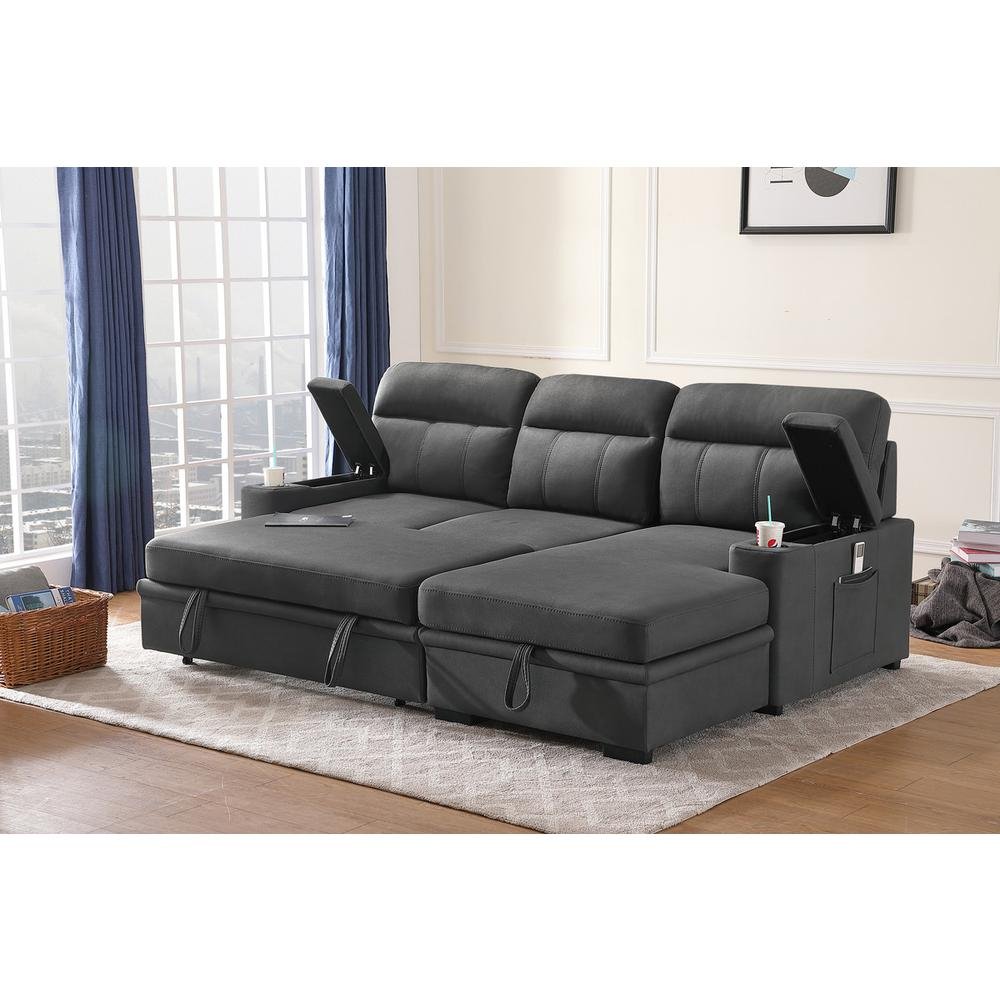Kaden Gray Fabric Sleeper Sectional Sofa Chaise with Storage Arms and Cupholder - Ethereal Company