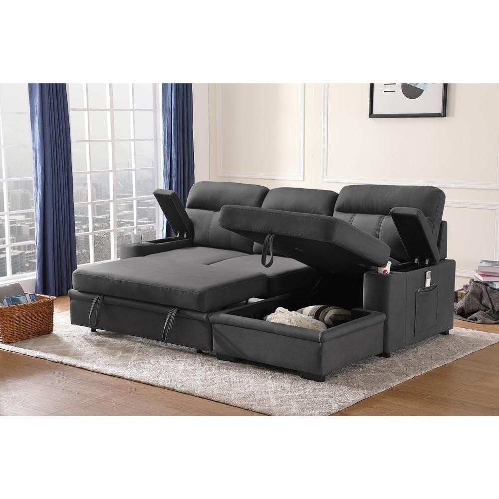 Kaden Gray Fabric Sleeper Sectional Sofa Chaise with Storage Arms and Cupholder - Ethereal Company