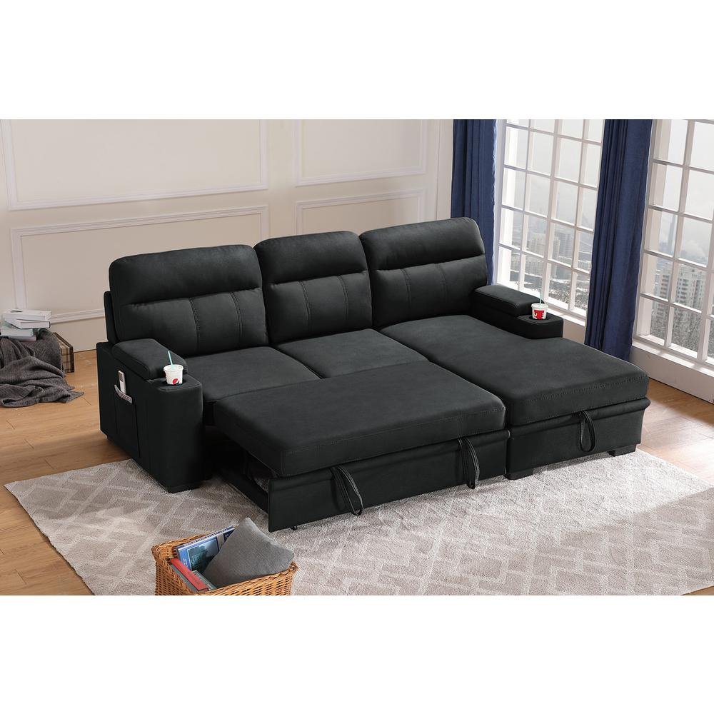 Kaden Gray Fabric Sleeper Sectional Sofa Chaise with Storage Arms and Cupholder - Ethereal Company