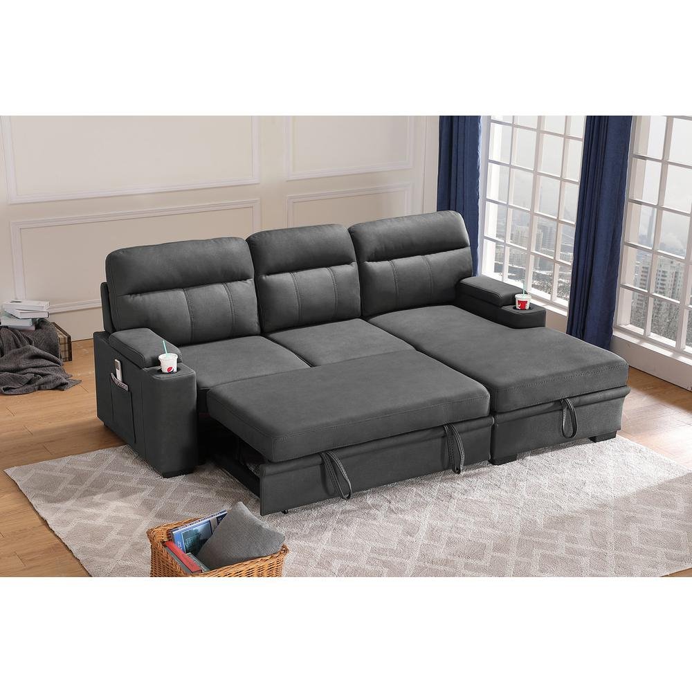 Kaden Gray Fabric Sleeper Sectional Sofa Chaise with Storage Arms and Cupholder - Ethereal Company