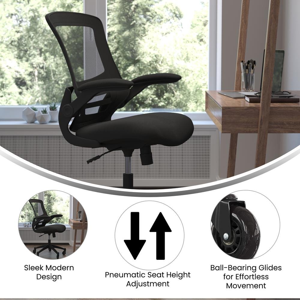 Kelista Mid-Back Black Mesh Swivel Ergonomic Task Office Chair with Flip-Up Arms and Transparent Roller Wheels, BIFMA Certified - Ethereal Company