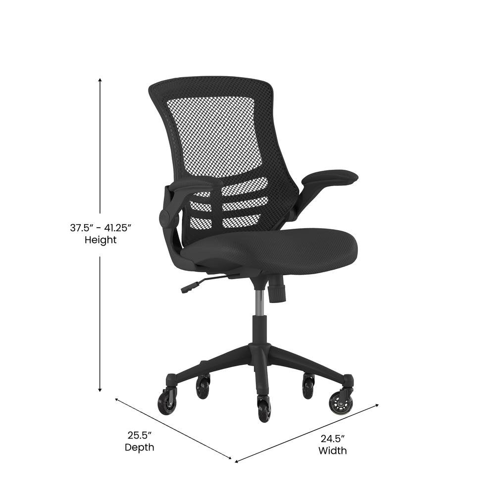 Kelista Mid-Back Black Mesh Swivel Ergonomic Task Office Chair with Flip-Up Arms and Transparent Roller Wheels, BIFMA Certified - Ethereal Company