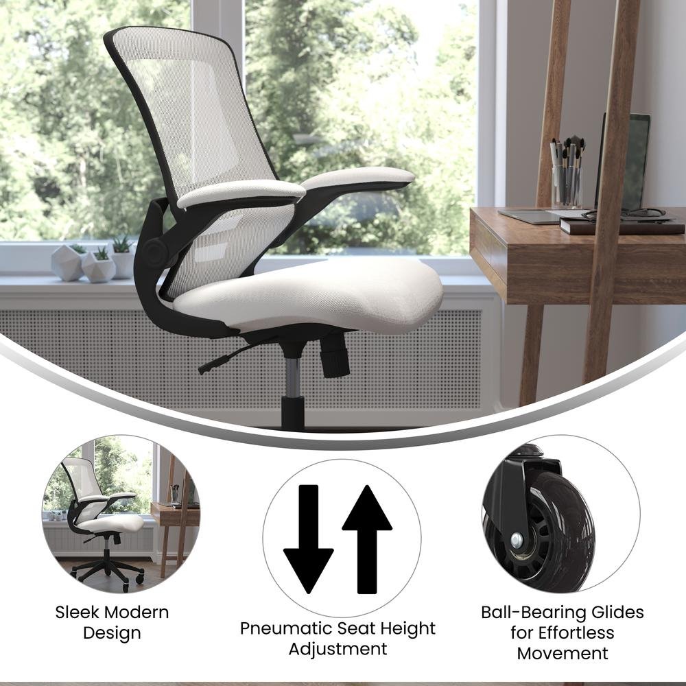 Kelista Mid-Back White Mesh Swivel Ergonomic Task Office Chair with Flip-Up Arms and Transparent Roller Wheels - Ethereal Company