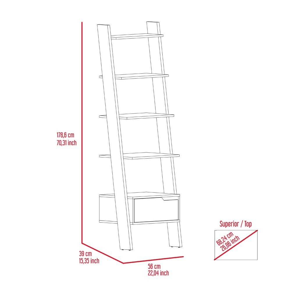 Kobe Ladder Bookcase, One Drawer, Five Open Shelves - Ethereal Company