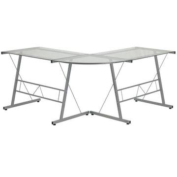 L-Shaped Computer Corner Desk 83.5&quot; - Clear Silver Powder Coated - Ethereal Company