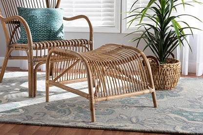 Lamaria Modern Bohemian Natural Brown Antique Rattan Footstool - Ethereal Company