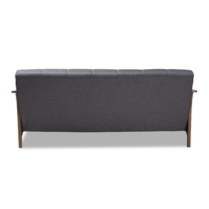 Larsen Mid-Century Modern Gray Fabric Upholstered Walnut Wood Sofa - Ethereal Company