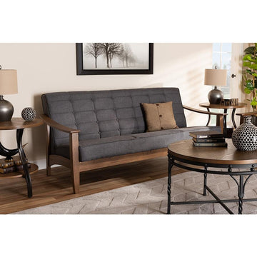 Larsen Mid-Century Modern Gray Fabric Upholstered Walnut Wood Sofa - Ethereal Company