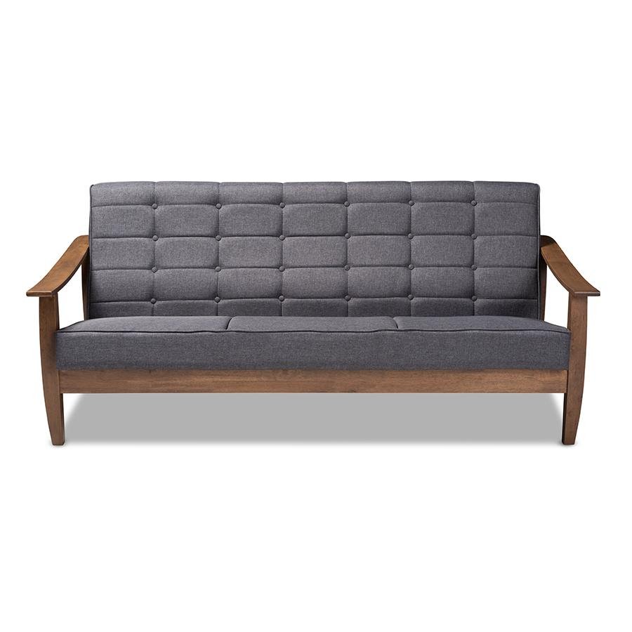 Larsen Mid-Century Modern Gray Fabric Upholstered Walnut Wood Sofa - Ethereal Company