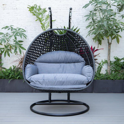 LeisureMod MendozaWicker Hanging 2 person Egg Swing Chair in Charcoal Blue - Ethereal Company