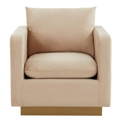 LeisureMod Nervo Velvet Accent Armchair With Gold Frame, Beige - Ethereal Company