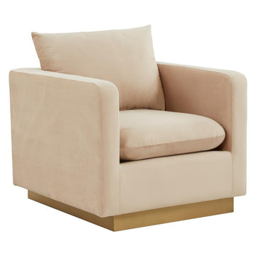 LeisureMod Nervo Velvet Accent Armchair With Gold Frame, Beige - Ethereal Company