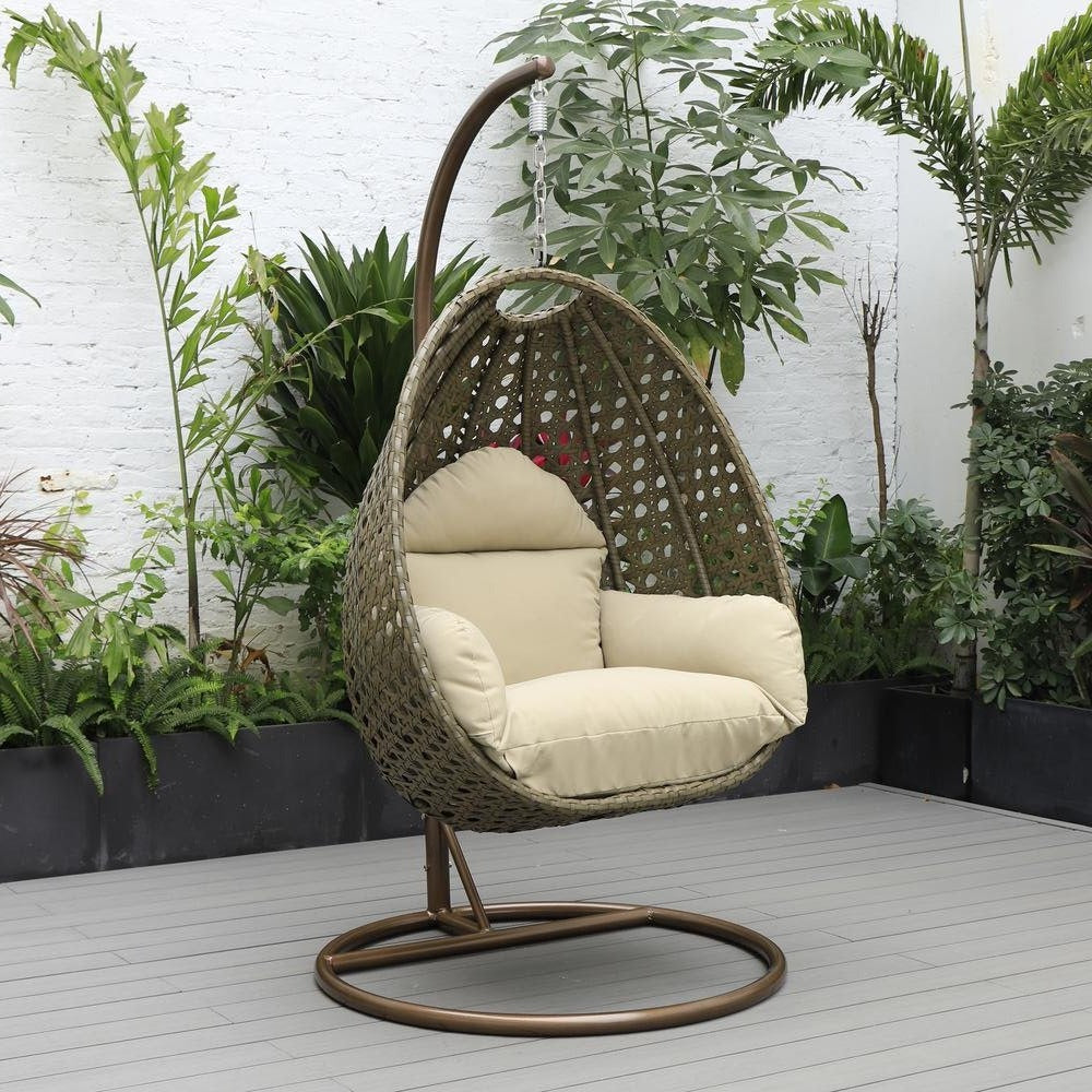 LeisureMod Wicker Hanging Egg Swing Chair in Taupe - Ethereal Company