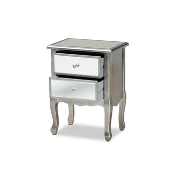 Leonie Nightstand-Silver &amp; Mirrored Finish - Ethereal Company