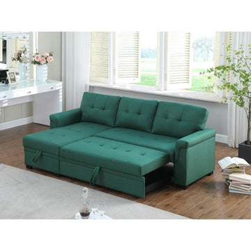 Lucca Green Linen Reversible Sleeper Sectional Sofa with Storage Chaise - Ethereal Company