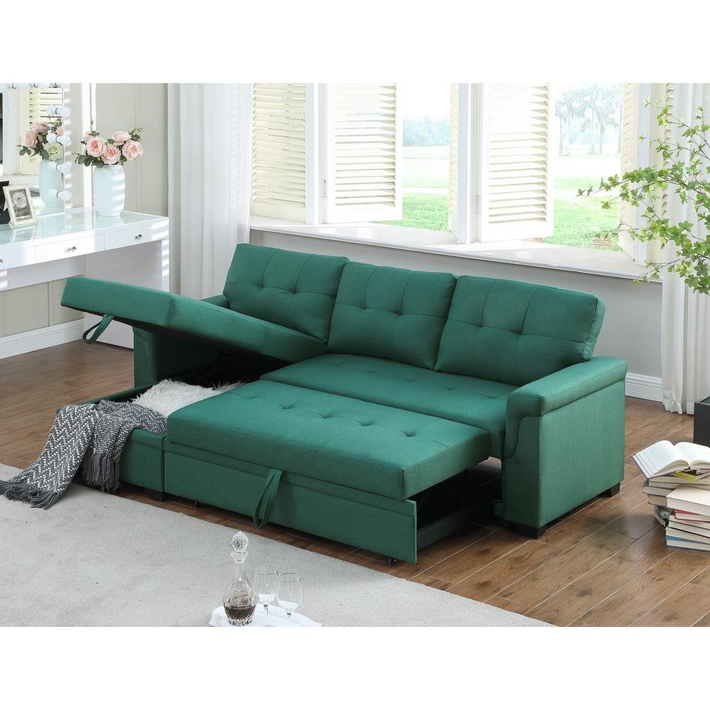 Lucca Green Linen Reversible Sleeper Sectional Sofa with Storage Chaise - Ethereal Company