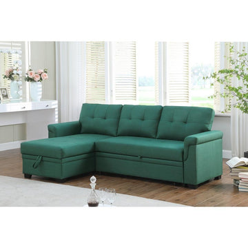 Lucca Green Linen Reversible Sleeper Sectional Sofa with Storage Chaise - Ethereal Company