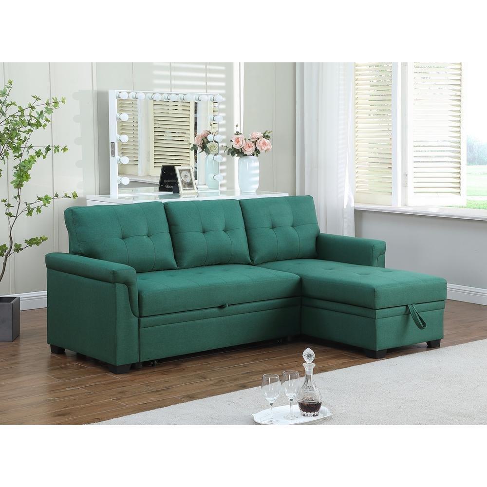 Lucca Green Linen Reversible Sleeper Sectional Sofa with Storage Chaise - Ethereal Company