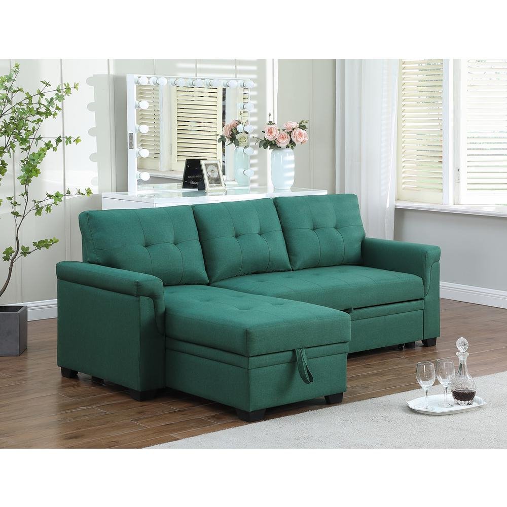 Lucca Green Linen Reversible Sleeper Sectional Sofa with Storage Chaise - Ethereal Company