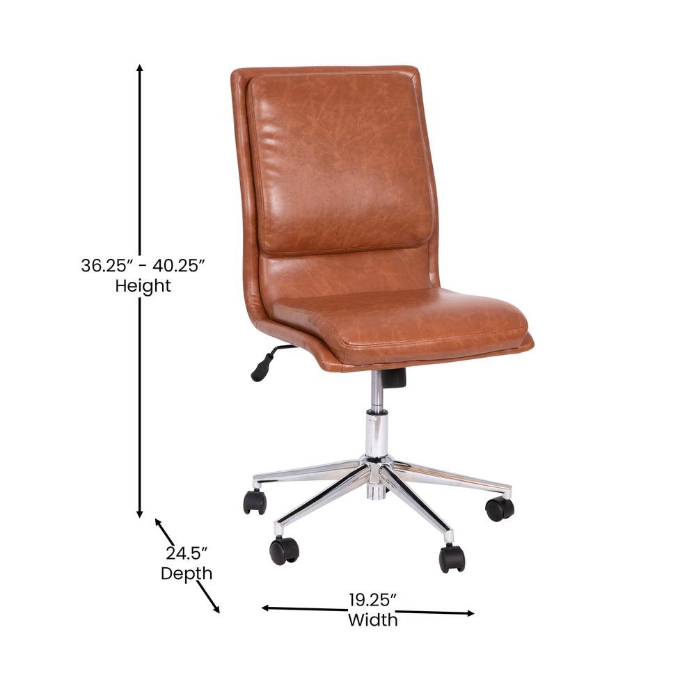 Madigan Mid-Back Armless Swivel Task Office Chair with LeatherSoft and Adjustable Chrome Base, Cognac - Ethereal Company