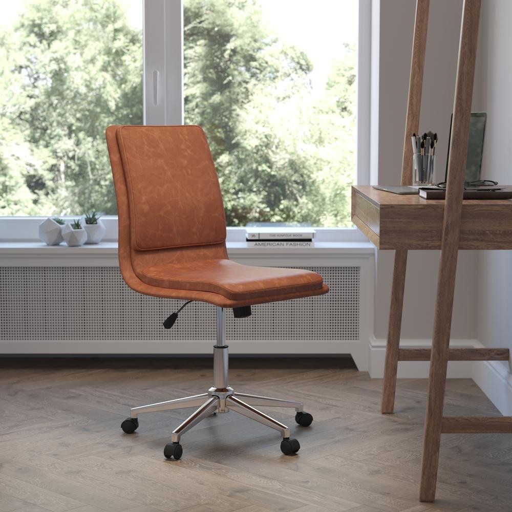 Madigan Mid-Back Armless Swivel Task Office Chair with LeatherSoft and Adjustable Chrome Base, Cognac - Ethereal Company