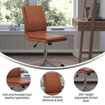 Madigan Mid-Back Armless Swivel Task Office Chair with LeatherSoft and Adjustable Chrome Base, Cognac - Ethereal Company