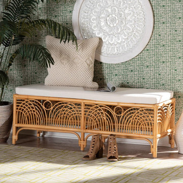 Materra Modern Bohemian Natural Brown Rattan Bench | Handcrafted Design - Ethereal Company