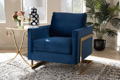 Matteo Glam and Luxe Royal Blue Velvet Fabric Upholstered Gold Finished Armchair - Ethereal Company