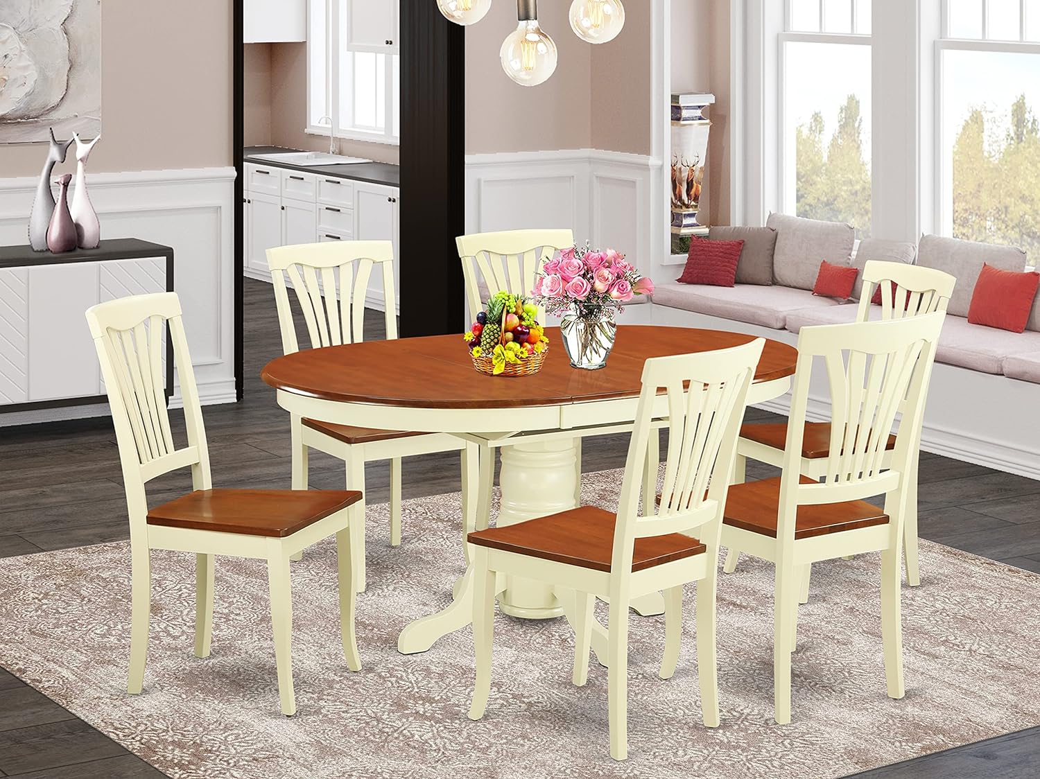 Maximilian Pedestal Oval Dining Table and 6 Dining Chairs Buttermilk &amp; Cherry - Ethereal Company