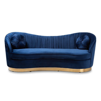 Nevena Glam Royal Blue Velvet Fabric Upholstered Gold-Finished Sofa - Ethereal Company