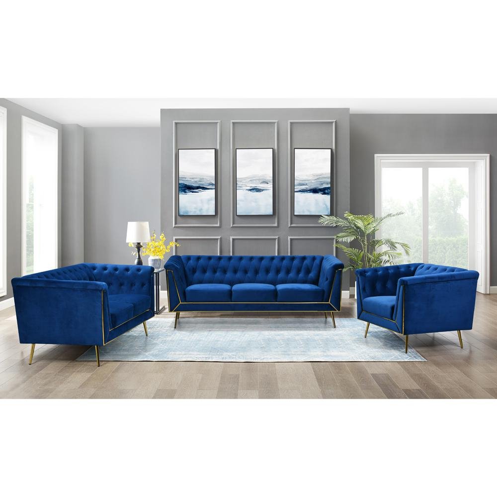 Ninian Blue Velvet with Gold Accent Sofa - Ethereal Company