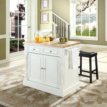 Oxford Kitchen Island White W/Upholstered Saddle Stools Black - Ethereal Company