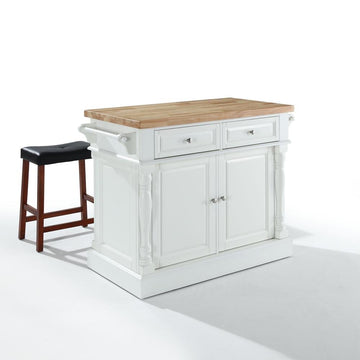 Oxford Kitchen Island White W/Upholstered Saddle Stools Black - Ethereal Company