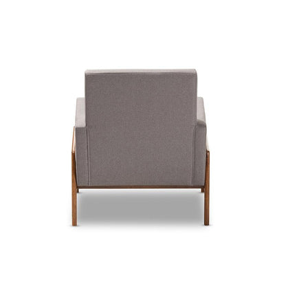 Perris Mid-Century Modern Grey Fabric Upholstered Walnut Wood Lounge Chair - Ethereal Company