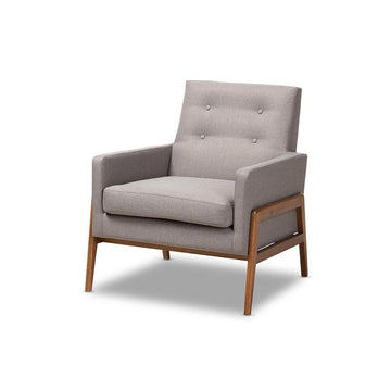 Perris Mid-Century Modern Grey Fabric Upholstered Walnut Wood Lounge Chair - Ethereal Company